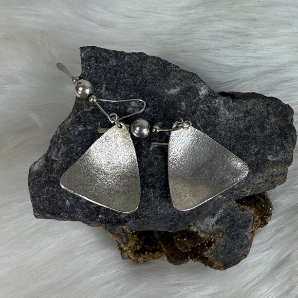 Vintage Triangle & Bead Dangle Sterling Silver Pierced Earrings 1.75" - Picture 6 of 6